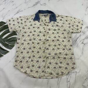 Bill Blass Womens Vintage 90s Floral Button Up Top Size M Cream Blue Denim Trim